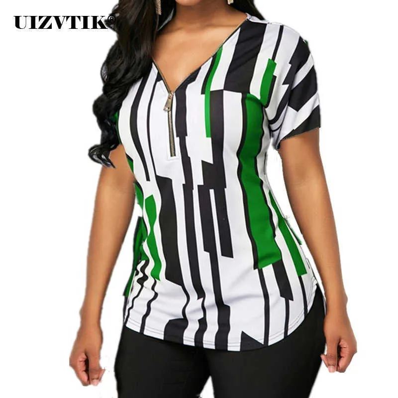 Kvinnor T-shirt Sommar Casual Sexy V Neck Zipper Blusas Poleras Mujer de MODA 2020 Vintage Plus Storlek Slim Striped Womens Tops 5XL X0628