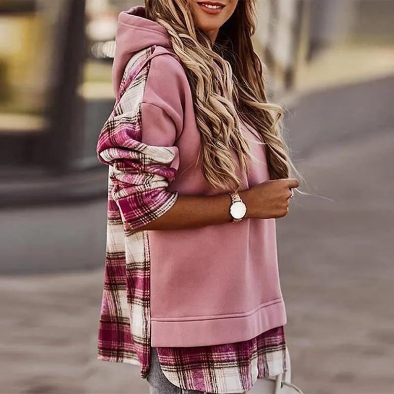Plaid Print Ladies Pink Sweatshirt Casual Fall Winter Fashion