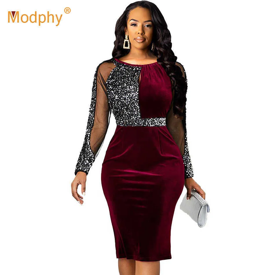 Patchwork femmes velours robe Sexy col rond paillettes contraste maille moulante Club soirée Vestidos automne mode 210527