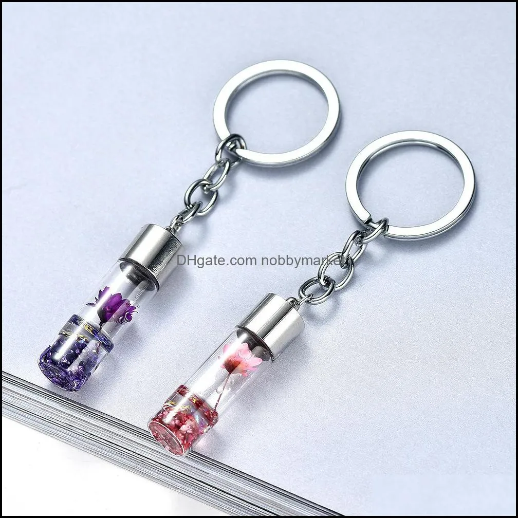 20pcs/lot Creative Dry Flower Bottle Keychain Eternal Flower Sparkling Key Rings Assorted Color For Women Girl Car Bag Accessories