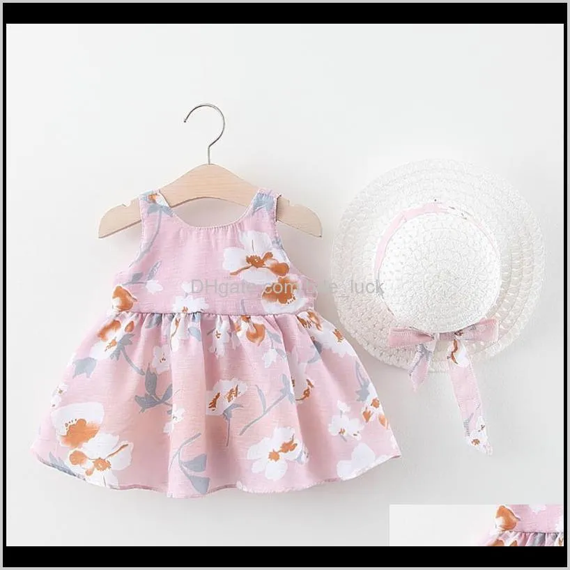 2020 New Baby Girl Dress With Hat 2 Pieces Suit Children`s Clothing Summer Sleeveless Birthday Party Dress