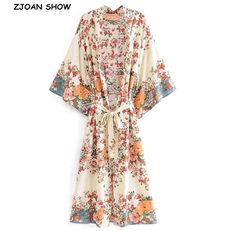 BOHO Location Floral Print Long Kimono Shirt Beige Hippie Women Lacing up Tie Bow Sashes Cardigan Loose Blouse Tops Holiday 210719
