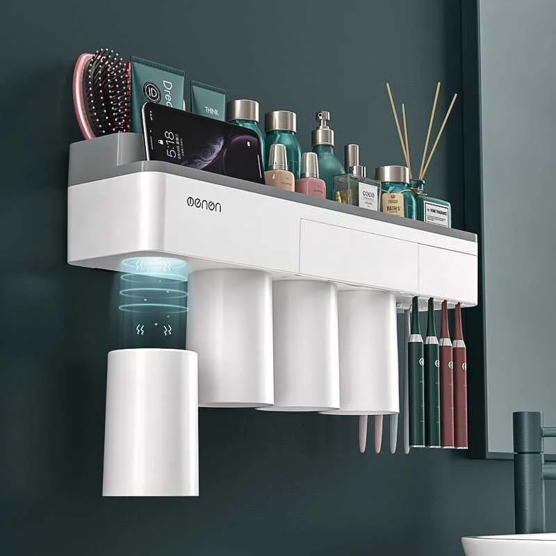 BAISPO Soporte de cepillo de dientes de adsorción magnética Copa invertida Montaje en pared Limpiador de baño Accesorios de almacenamiento en rack Set 210709