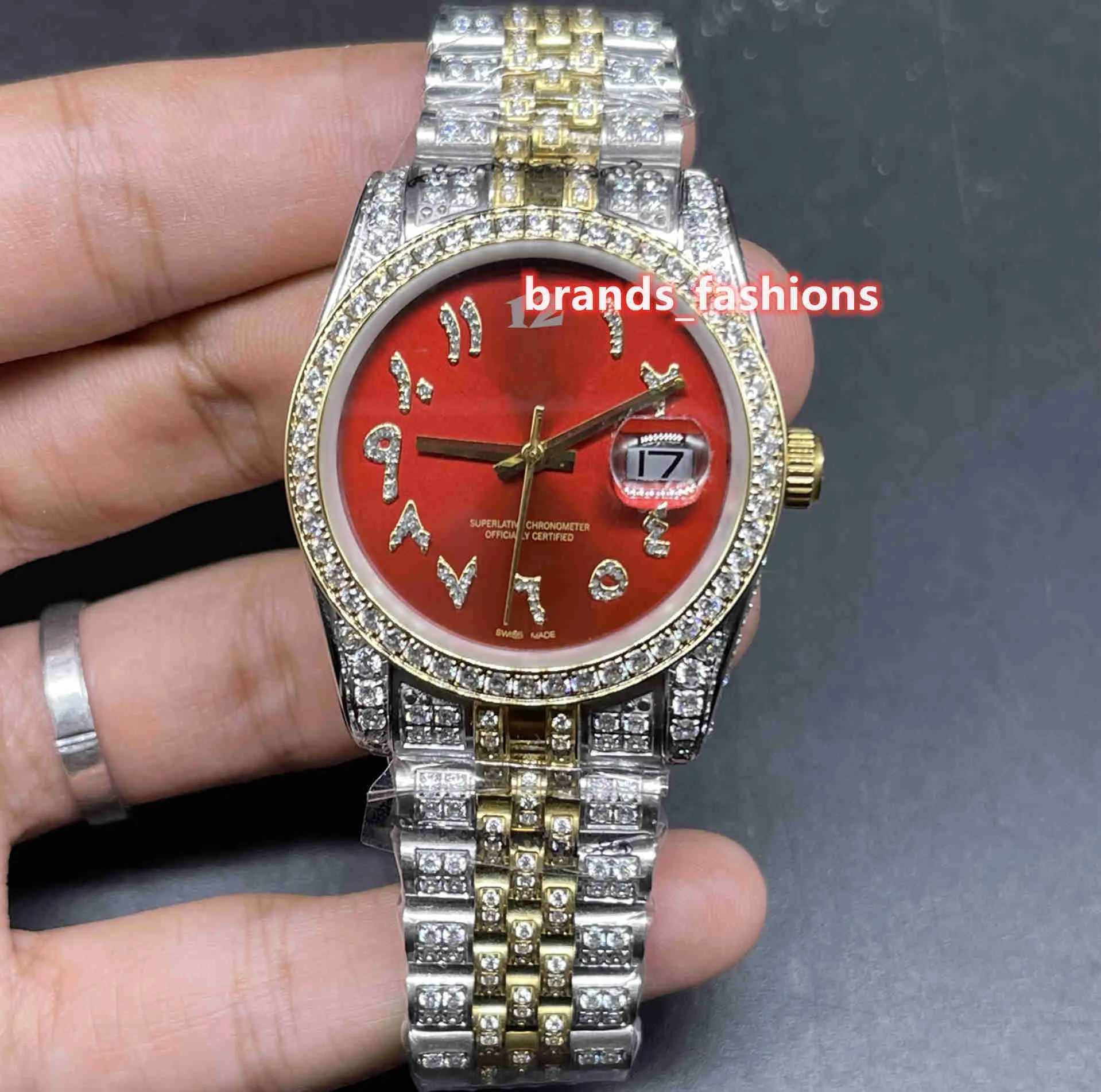 Popular New Men's Hip Hop Wristwatch Red Face Arabic Scale Bi-gold Strap Fully Automatic Mechanical Diamond Watches234P