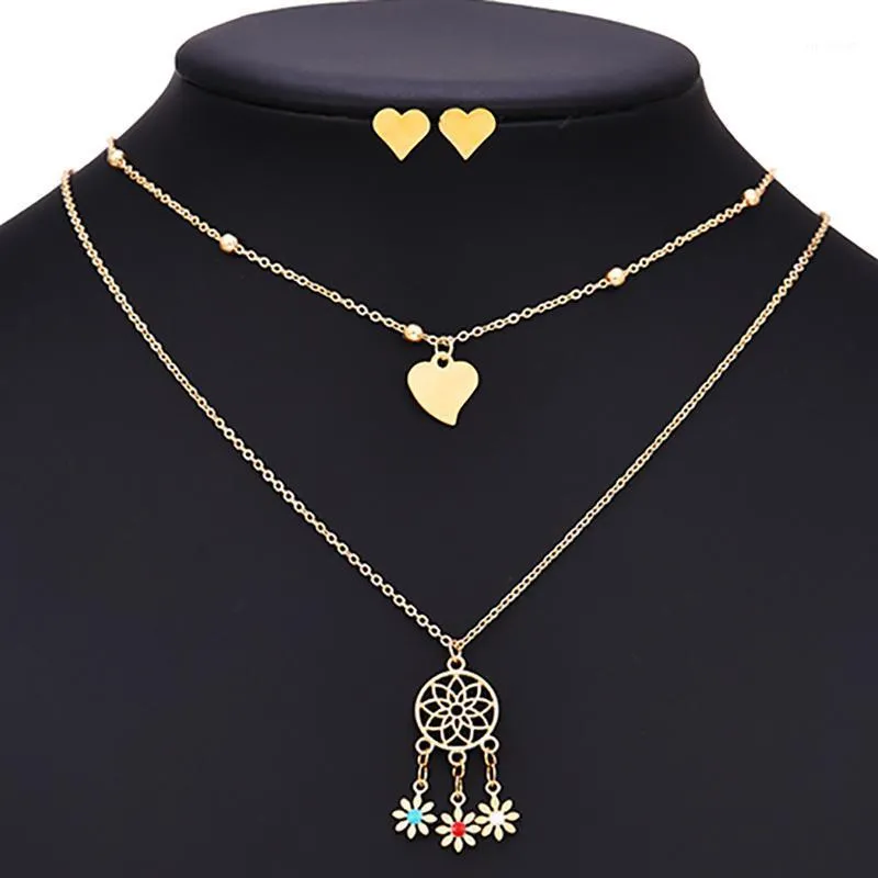 Earrings & Necklace Exaggerate Gothic Double Layer Gold Chain Necklaces For Women Simple Punk Titanium Steel Heart Stud Earring Jewelry Set