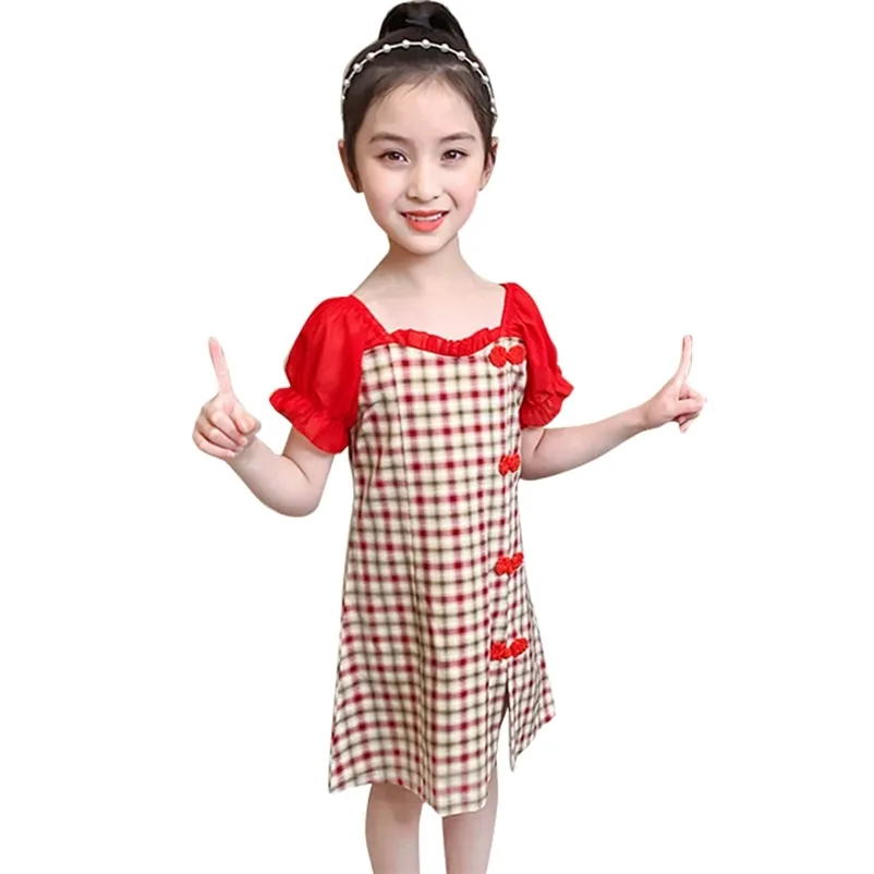 Crianças vestidos para meninas xadrez padrão menina retalhos garoto estilo casual roupas 6 8 10 12 14 210528