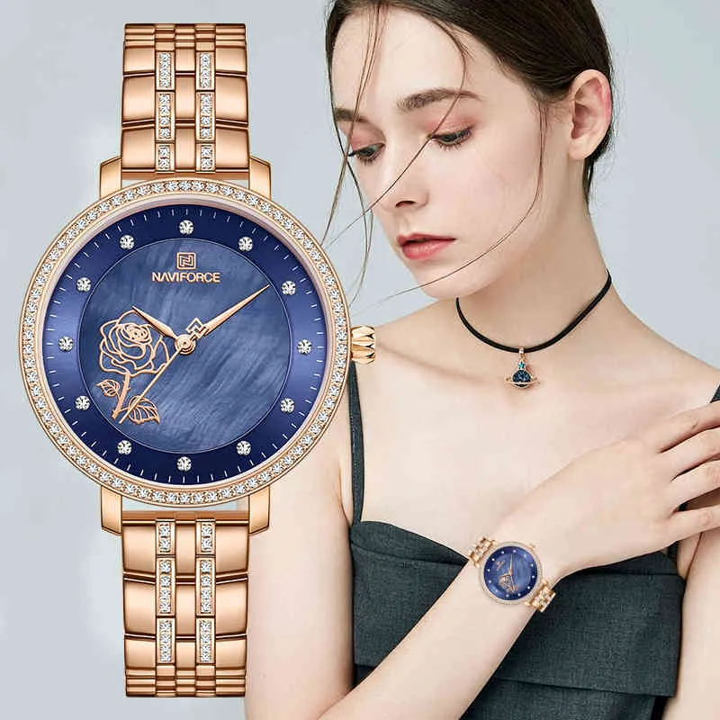 Kvinnor tittar på Naviforce Top Brand Luxury rostfritt stål Casual Quartz Watch Ladies Flower Girl Clock Relogio Feminino 210517