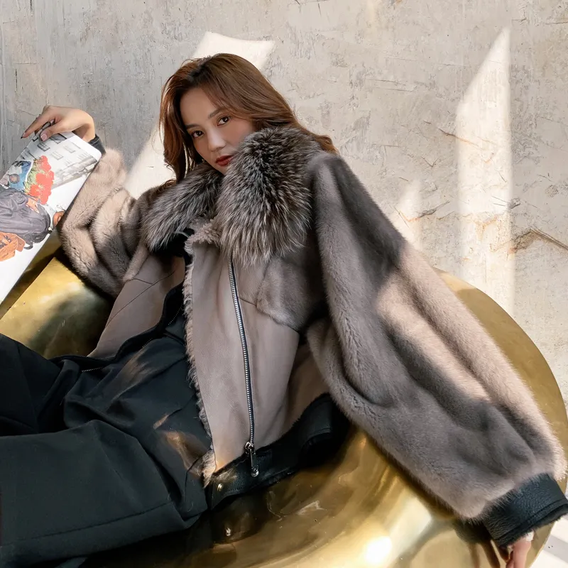 OFTBUY Cappotto in vera pelliccia di volpe Giacca invernale da donna Pelliccia di procione naturale O-collo Manica a tre quarti Capispalla caldo