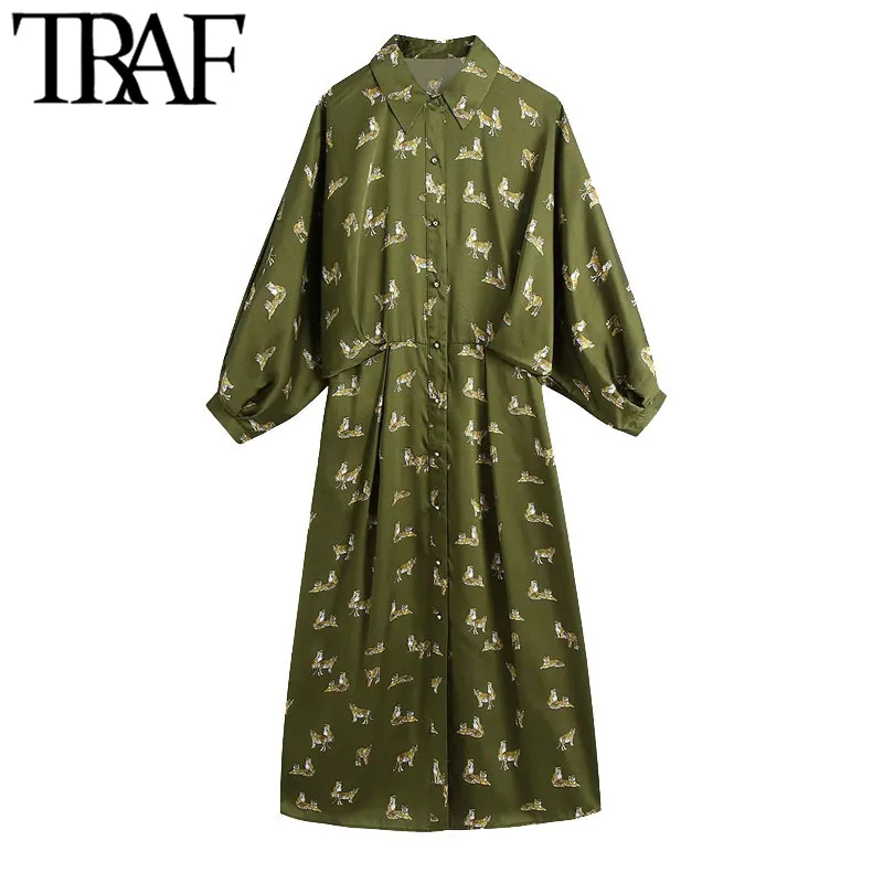 TRAF Women Chic Fashion Animal Print Midi Shirt Dress Vintage Lantern Sleeve Button-up Female Dresses Vestidos Mujer 210415