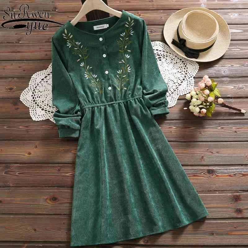 Mode vintage corduroy klänning kvinnor långärmad blommig broderi elegant casual damer kvinnlig midi klänning grön 7425 50 210417