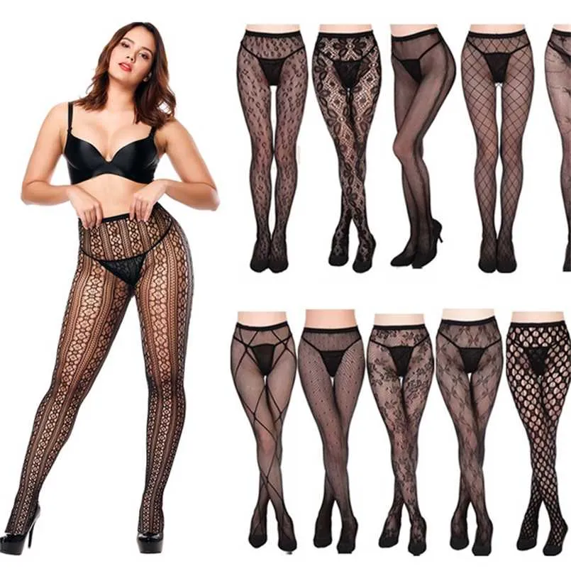 1pcs Womens sexy fishnet tights Jacquard weave pantyhose, yarns Garter grid Stockings hose sexy lingerie collant 211221