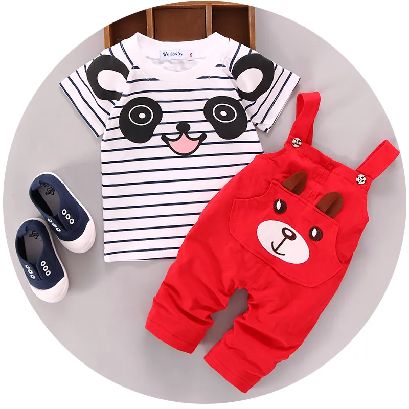 Summer boys and girls cotton short-sleeved strap set Panda animals 0-3 years old children's clothing