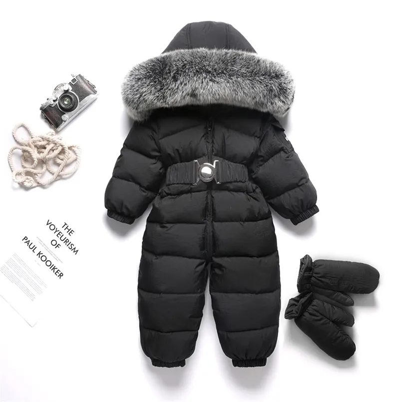 Fur Hooded Baby Girls Romper Vinter Boy Jumpsuit Down Warm Kids Onesie Fleece Barn Snowsuit Toddler Kläder Outfits 211011