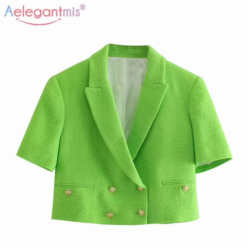 AELEGANTMIS Koreański Vintage Green Dwuczęściowy Zestawy Kobiety Moda V Neck Kobiet Topy i Przyciski Krótkie spodnie Szykowe Letnie Garnitury 210607