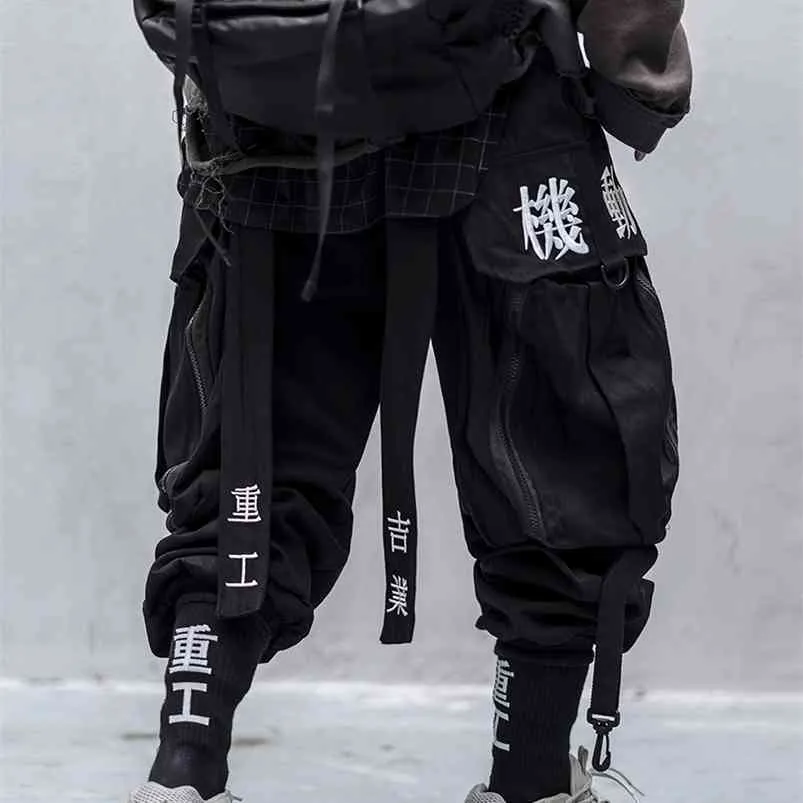 Japon Streetwear Techwear Kargo Pantolon Erkekler için Baggy Geniş Bacak Siyah Jogger 210715