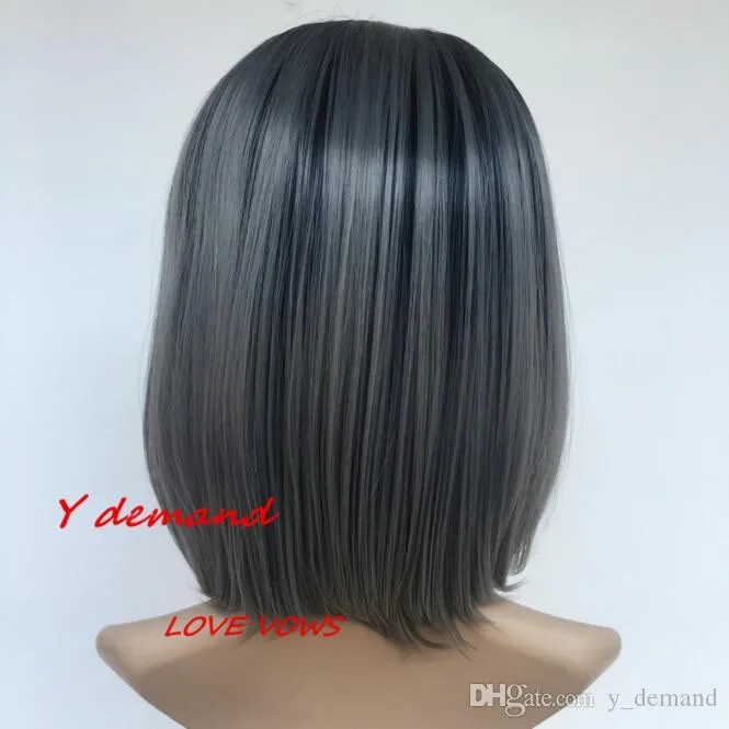 12inch Fashion New Straight Short Ombre Grey Wig Simulation Brazilian Human Hair Full Wig For Black Women Y demand