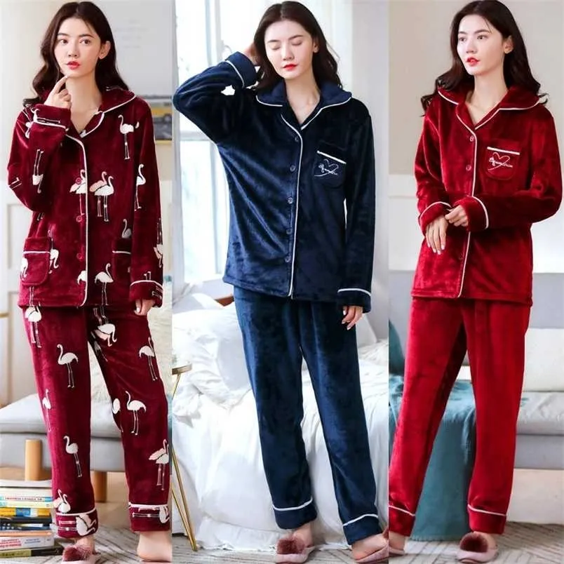 2 Parça Kış Kadınlar Kalınlaşmak Sıcak Yumuşak Pijama Kadın Flanel Pijama Set Mujer Uzun Kollu Pijama Kızlar Bayanlar Pijama 211211