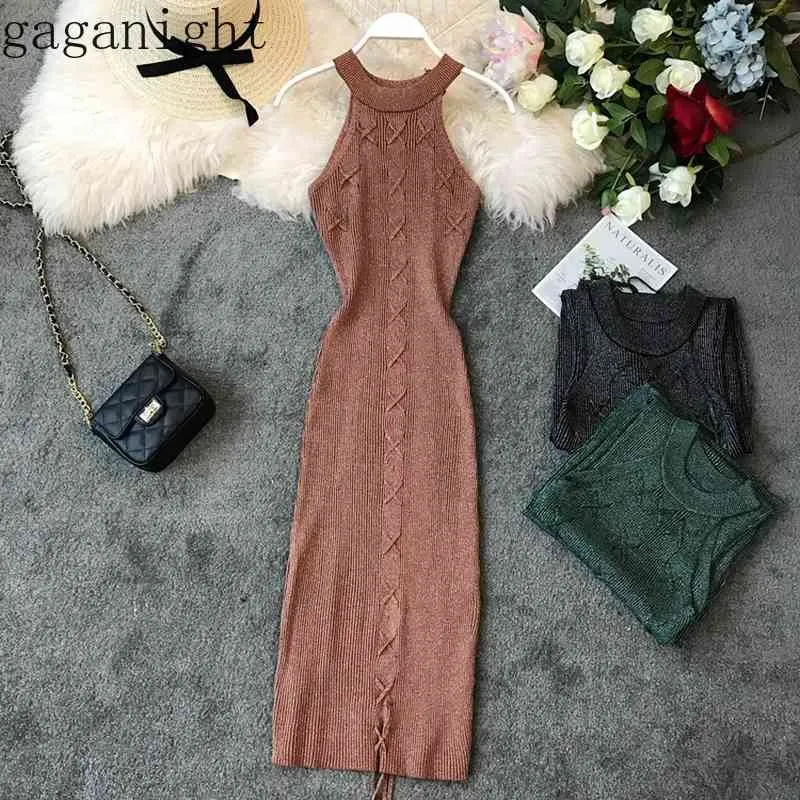 Gaganight Stretchy Knitted Women Summer Maxi Bodycon Dress Sleeveless Halter Party Female Dresses Fashion Solid Sexy Vestidos 210519