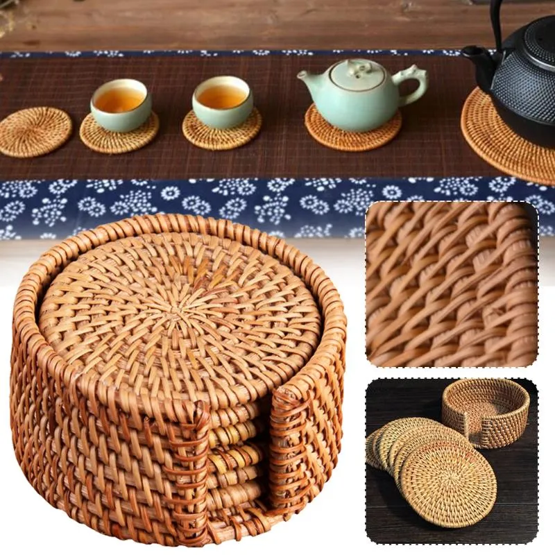 Mats & Pads 6 Pcs Rattan & Holder Handmade Teacup Coasters Round Natural Set For Kitchen Desk Table Home Decoration 8/10CM