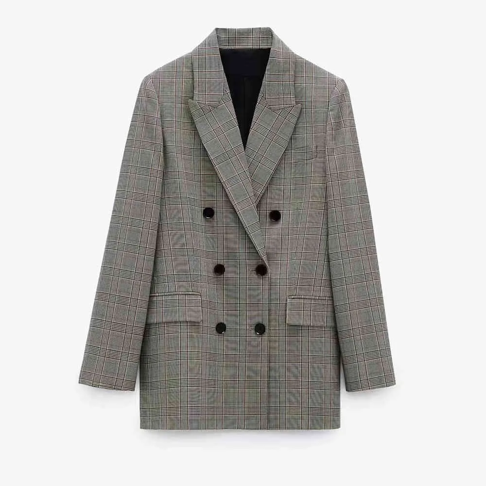 Za Damen-Blazer mit Karomuster, grau, Reverskragen, lange Ärmel, Blazer mit Pattentaschen vorne, zweireihiger Verschluss mit kontrastierenden Knöpfen 210510