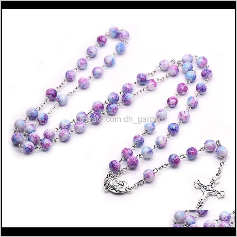 Necklaces Pendants Drop Delivery 2021 Catholic Jewelry Long Purple Glass Beads Rosary Neckalce For Men Women Vintage Jesus Cross Pendant Neck