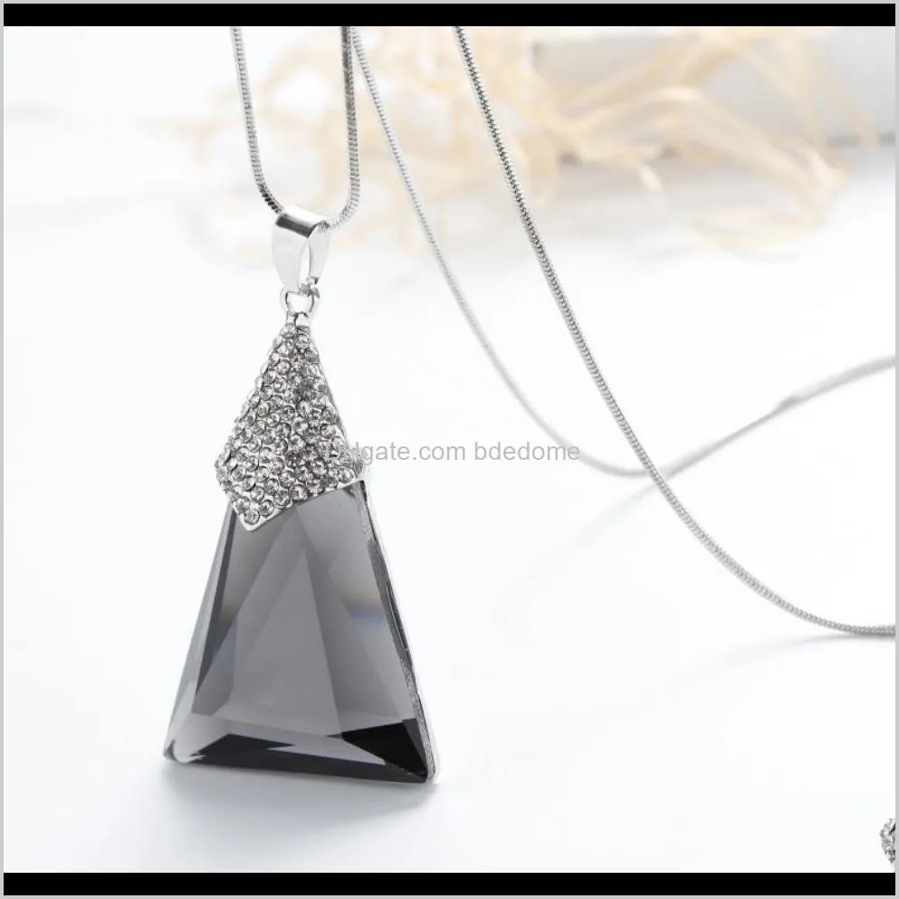 sweater necklace triangle row-type blue crystal pendant alloy part small crystal setting silver plated brass long chain