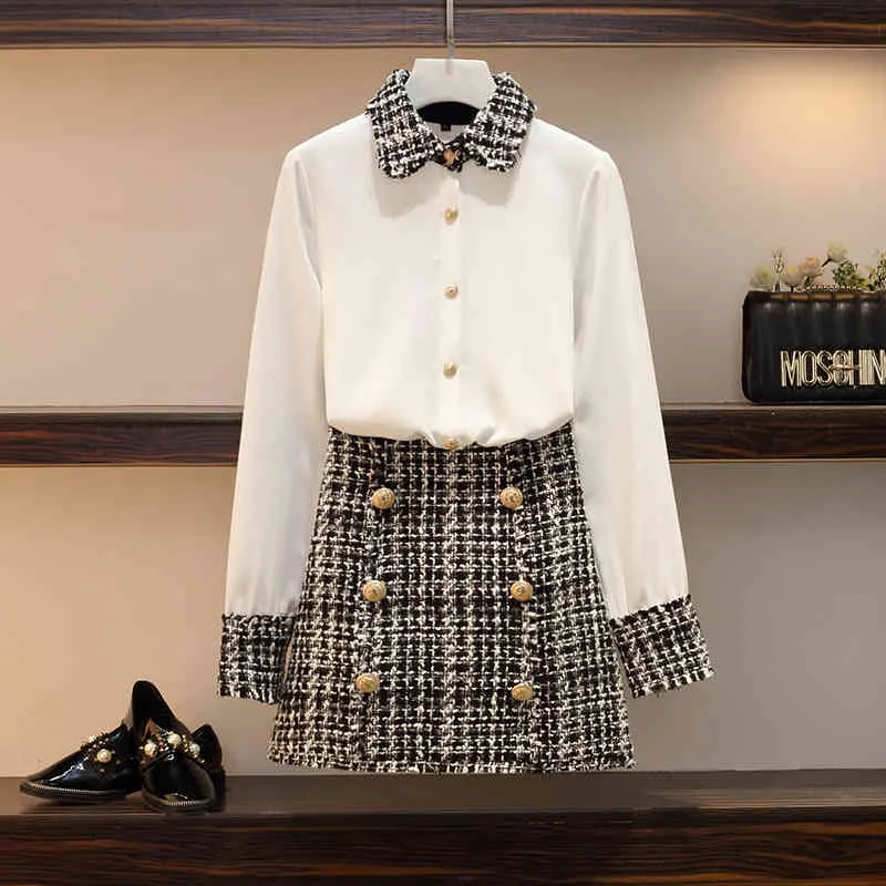 Spring Plus Size 2 Piece Set Women Tweed Tassels Chiffon Shirt Top+Gold Double-Breasted Woolen Pencil Mini Skirt Suit 210416