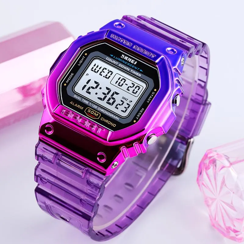 Zegarek skmei kobiet sportowy zegarek cyfrowy moda wodoodporna kolorowy przezroczysty pasek elektroniczny samic damy horloges 1622