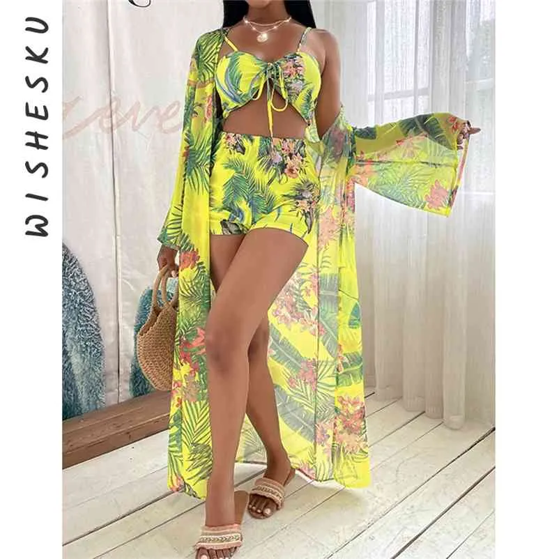 Sexy 3 peças Sets Bikini Strap Crop Top + Shorts + Cobertura Longa para Mulheres Verão Floral Imprimir Chiffon Banhing Feitir Swimsuit 210621