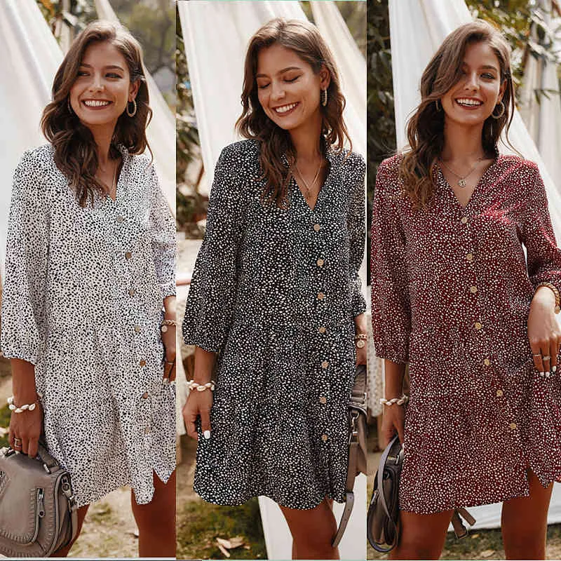 Holiday Beachwear Leopard Print V-Col V-Col à manches courtes Mini robe Femme Boho Loose Ladies Dress Bouton d'été Robe Robes 210514