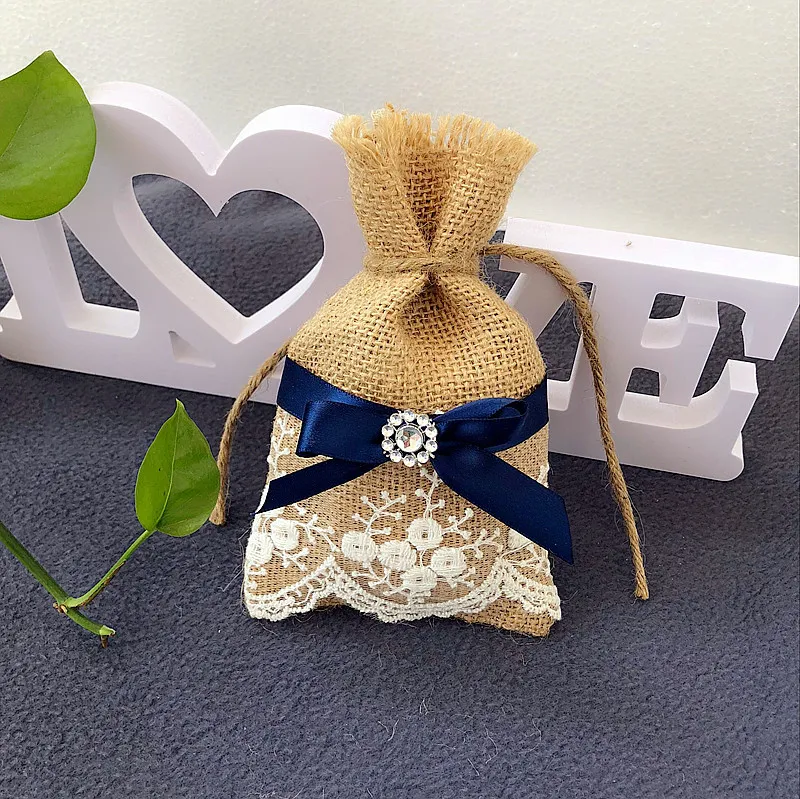 50pcs Burlap Wedding Favor / Jute Lace Blue Ribbon Decor for Party Gift Jewelry Packaging, Herbs Bag, Candy Bags