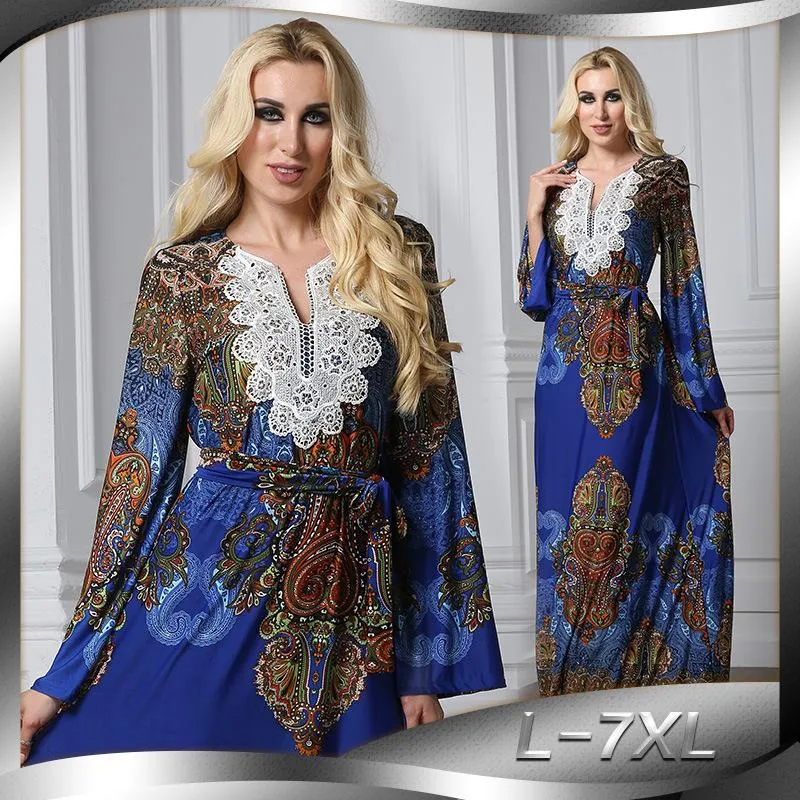 Abaya Moslim Hijab Jurk Dames Afrika Kleding Bohemen Print Beach Lange Jurken Lace-Up Dubai Jilbab Elbise Robe Plus Size L-7XL Etnic