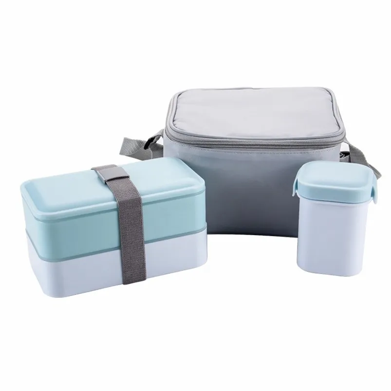 Bento Box Set Boîte à lunch de style japonais avec tasse à soupe double scellé isolé conteneur de stockage de nourriture portable micro-ondable 210423