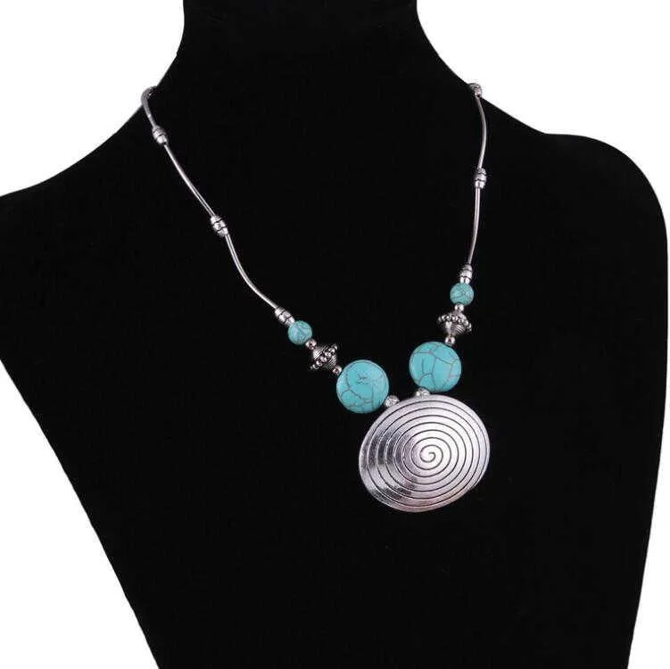 Perles ovales pour femmes argent tibétain turquoise pendentif colliers cadeau de mode style national femmes collier à faire soi-même pendentifs