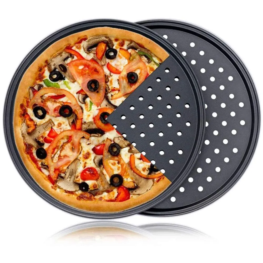 Plaque de cuisson antiadhésive pour Pizza, poêle en acier au carbone, conception avec Base, ustensiles de poinçonnage résistants à la chaleur, trou de cuisson