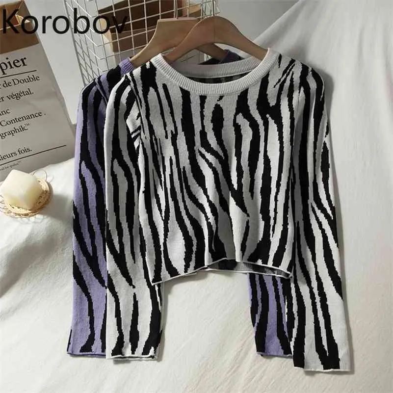 Korobov Fashion Zebra Pattern Women Knit Pullovers Korean Elegant Office Lady Sweaters Vintage O Neck Hit Color Sueter Mujer 210430