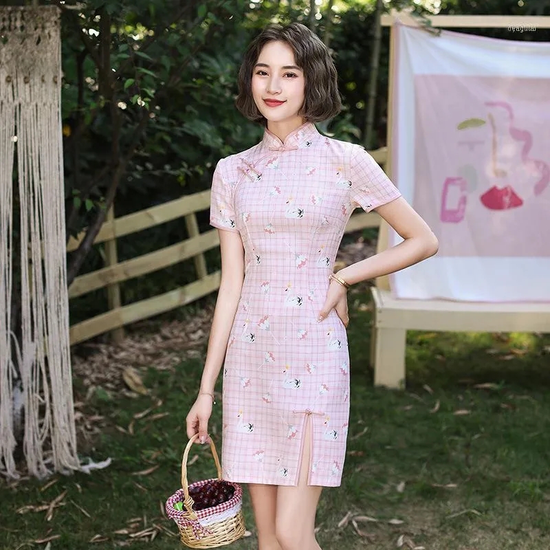 Yaz Çin Kısa Elbise Kadınlar Için Mini Cheongsam Qipao Elbiseler Kadın Oryantal Tarzı Çoklu Colour1