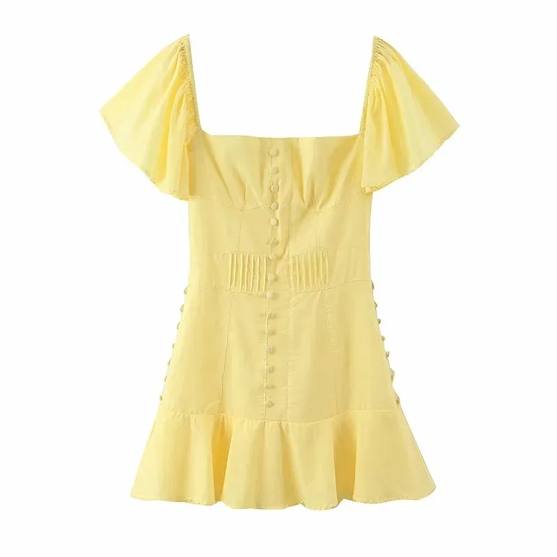 slim fit dress slacks Yellow Deep V-Neck Mini Dress – Backless Bubble Sleeve Vacation Look Ivory Whisper / XL