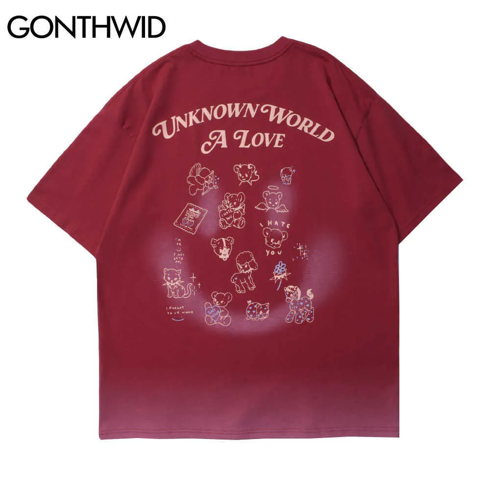 Gonthwid Tees Топы хип-хоп Уличная одежда Мультфильм Животные Граффити Улыбка Печать Короткие Футболки Хлопок Повседневная Harajuku Thirts 210629