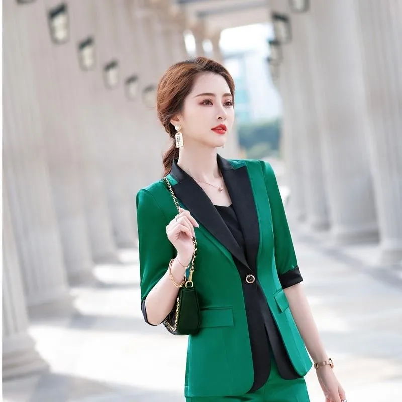 Formal Business Blazer Coat OL Styles Summer Elegant Green Blazers Jackets For Women Ladies Office Outwear Tops Women's Suits &