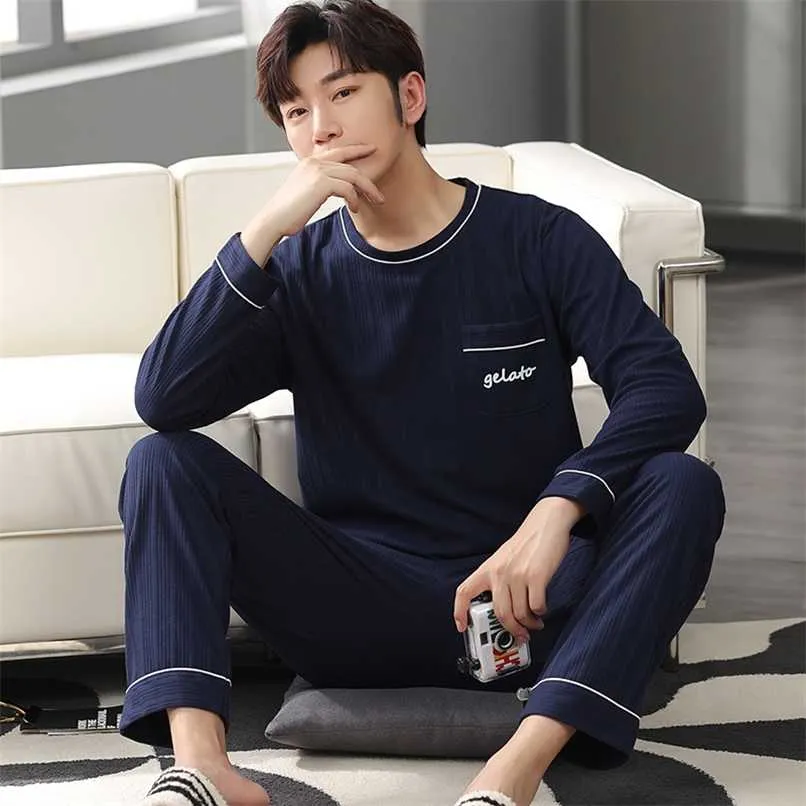 Men's Pajama Sets Autumn Winter Warm Men Sleepwear Set Long Sleeve Cotton Pajamas for Men Elastic Waist Pant Leisure Outwear 211110