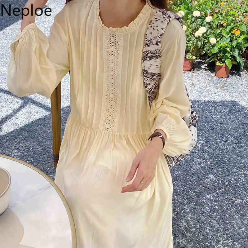 Neploe Maxi robes pour femmes coréen Chic élégant Vestidos col rond manches bouffantes Robe ample Patchwork dentelle volants Robe blanche 210422