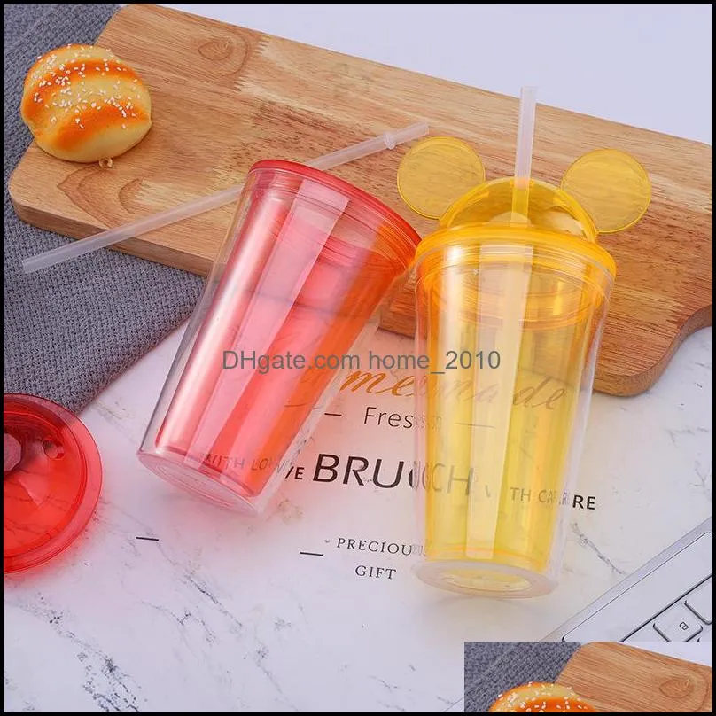 450ML Tumblers cute mouse ears plastic double wall transparent ice water bottle tumbler cup juice summer drink coffee straw bottles