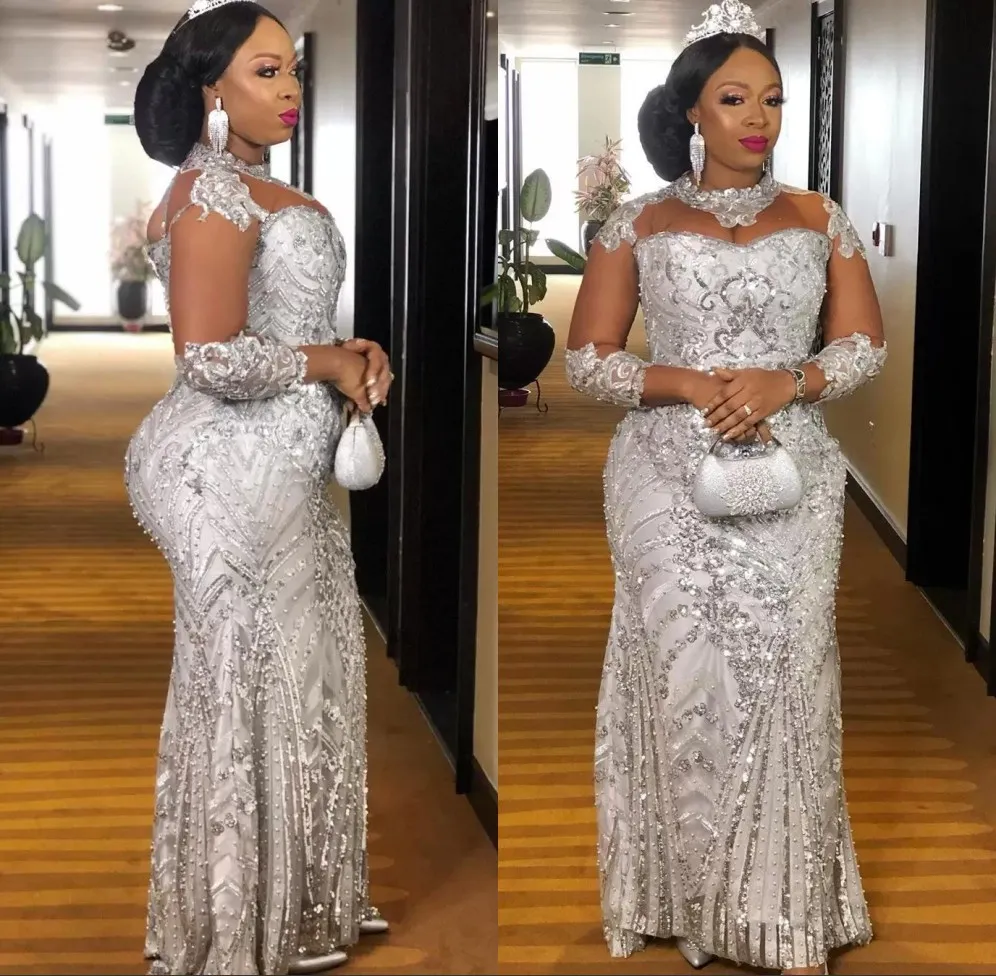 Arabic Aso Ebi Silver Lace Beaded Evening Dresses Sheer Neck Prom Dresses Mermaid Formal Party Seond Reception Gowns