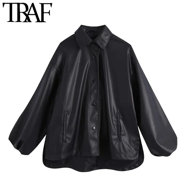 TRAF Women Fashion Faux Läder Oversierad Asymmetrisk Jacka Coat Vintage Lantern Sleeve Kvinna Ytterkläder Chic Toppar 210415