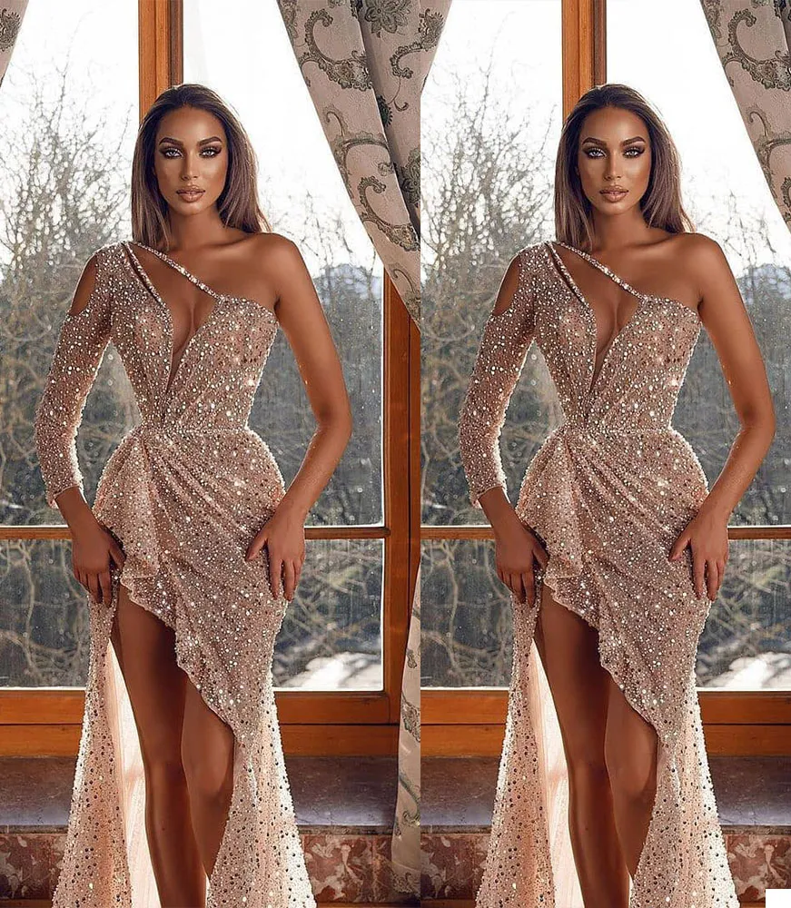 Champagne Evening Dresses One Shoulder Sexy Side Split Sequins Beads Prom Dress Formal Party Pageant Gowns Custom Made Robe de mariée