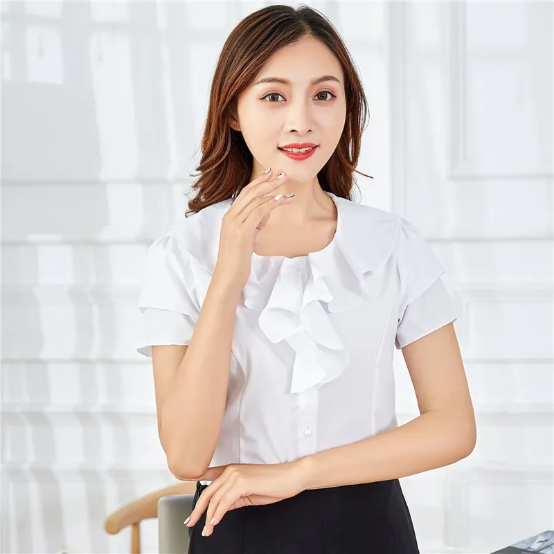 Koreańskie Koszule Damskie Koszule Szyfonowe Bluzki Kobieta Ruffles White Office Lady Podstawowe Topy Plus Rozmiar Vintage Top 210427