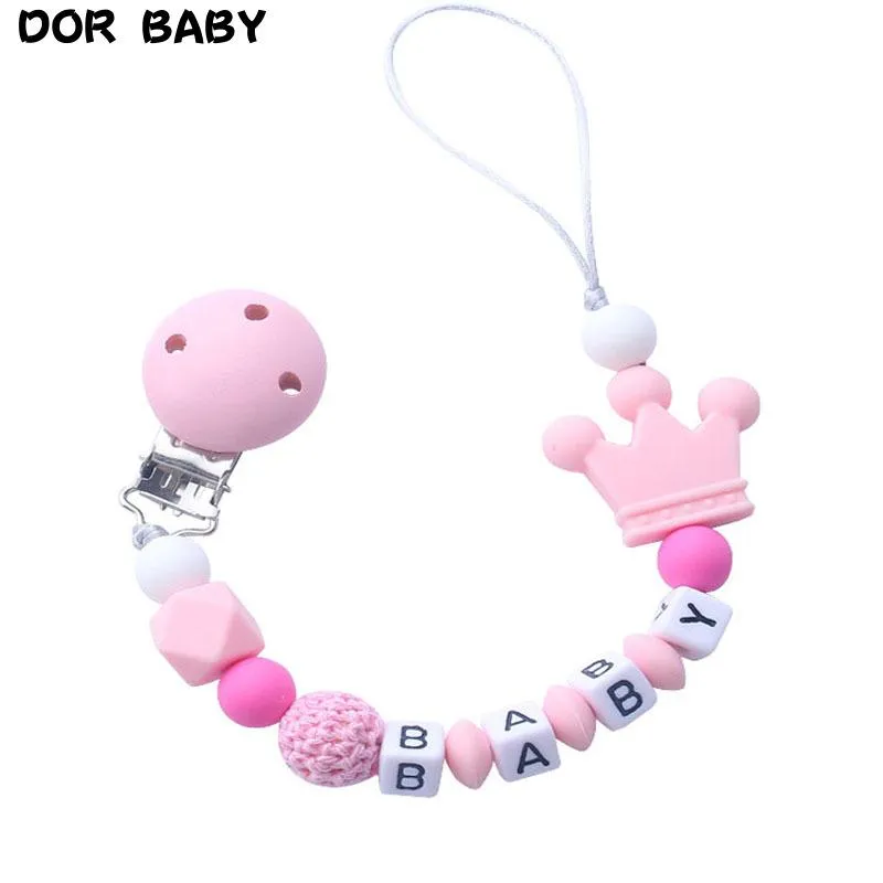 1 st Rosa Silikon Personlig Namn Baby Pacifier Clips Crochet Pärlor Crown Chain Holder Dusch Present Pacifiers #