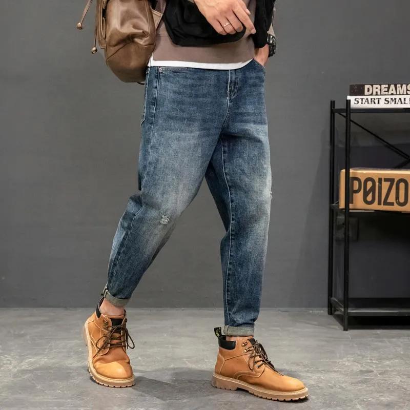Men's Jeans European American Street Style Fashion Men Retro Blue Elastic  Ripped Vintage Designer Casual Denim Harem Pants
