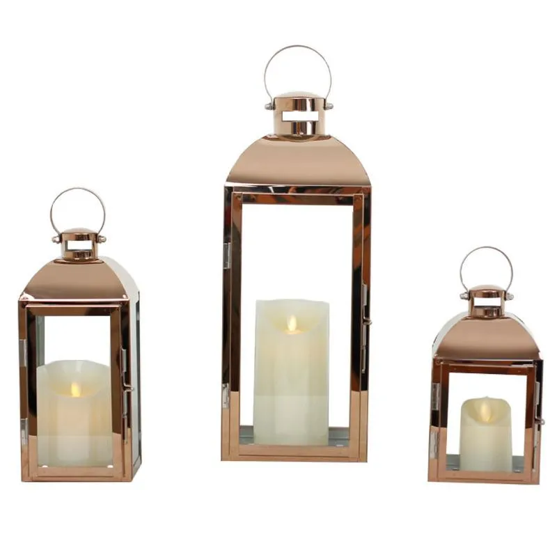 Держатели свечи Nordic Lantern Holder Rose Gold из нержавеющей стали Подсвечник Стеклянная Ветер Ламп Домашняя вечеринка Украшения подарка